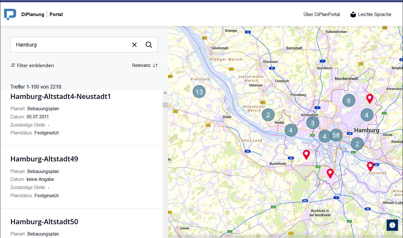 Suche nach Ort und Ergebnisliste DiPlanPortal